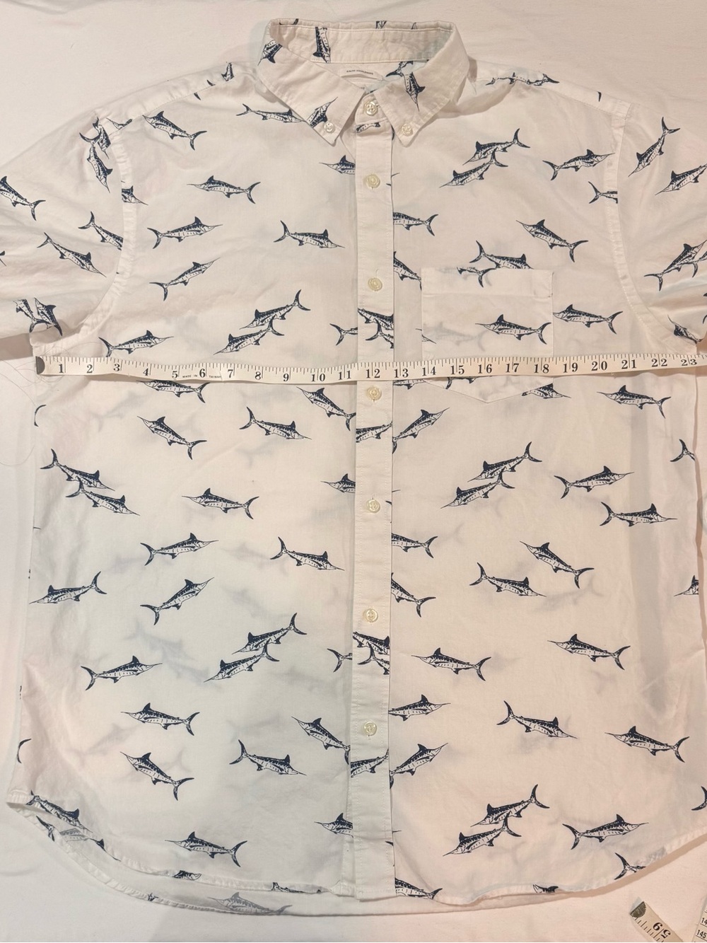 Old Navy White Button-Down Shirt with Navy Fish Motif